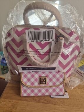 Dooney & Bourke Pink Chevron Satchel with Matching Pink Check Wallet